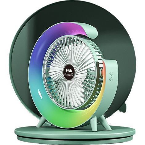 Ventilateur de bureau avec lampe colorée, rechargeable USB, puissant, à réglage intelligent et silencieux, petit format.