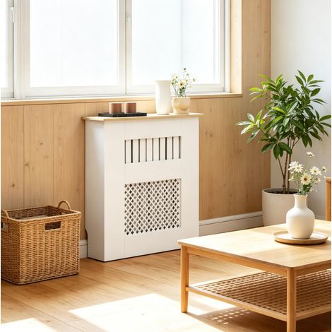Cache-radiateur 78x19x81 cm en MDF blanc, gain de place avec tablette pour salon FloraGrace (1/5)