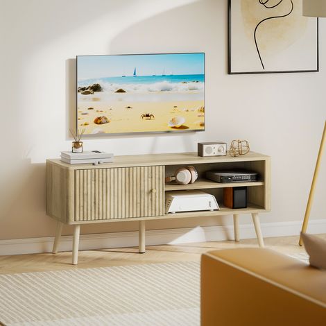 Mobile porta TV, mobile TV con anta, vani a giorno e ripiano regolabile, 115x35x49 cm, rovere