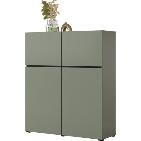 Meublorama – Buffet haut vert sauge L120xH140xP40 – 4 portes battantes – Rangement optimisé avec 6 niches – Design minimaliste sans poignées