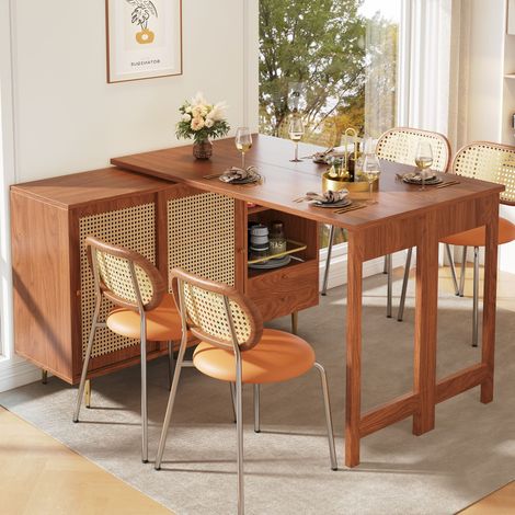 Carrello da Cucina Girevole con Contenitore, Anta in Rattan, Cassetto e Ripiani Aperti, Estensibile, MDF, Marrone (1/5)