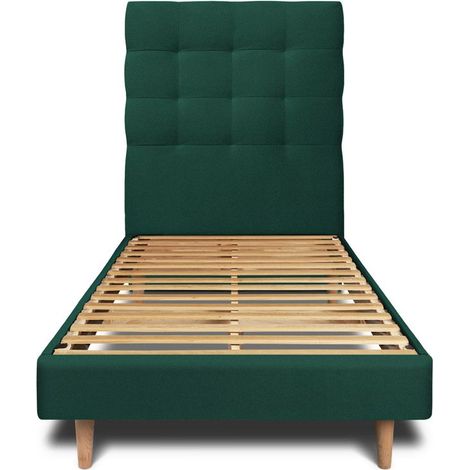 Lit 90x200cm avec tête de lit capitonnée velours et sommier kit vert - Hauteur totale : 29cm (1/5)