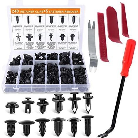 Clips Voiture 240 Pcs Rivet Plastique Fixation pour Auto Voitures Panneaux de Portes Garnissages Pare-chocs d'aile avec Boîte De Rangement et Outil Démontage 245pcs - (1/5)