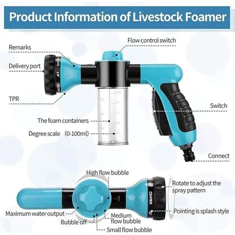 Pistolet à eau de lavage de voiture à mousse multi-usages haute pression Distributeur de savon et de shampoing pour lavage d'animaux et buse de pulvérisation de tuyau d'arrosage (1/4)