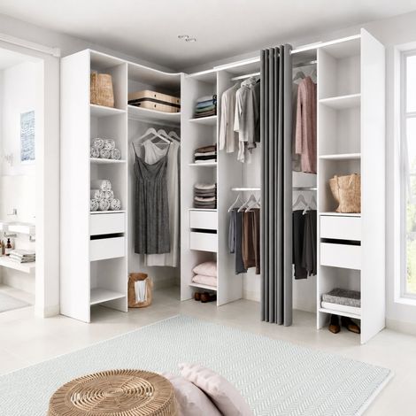 Befara – Dressing ouvert d'angle avec tiroirs et rideaux – 3 barres en aluminium 100 cm – 12 étagères – Hauteur 205 cm – Mélamine haute résistance