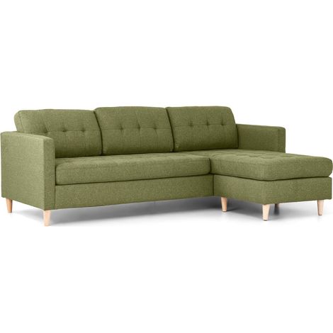 Mars Sofa, Canapé avec chaise longue réversible à droite ou à gauche, en tissu vert avec pieds en bois. (1/5)