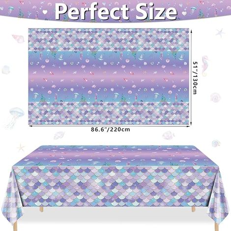 Lot de 2 nappes de table d'anniversaire au motif de sirène, océan, mer, poisson, écailles, pour filles sous la mer, accessoires de fête prénatale, 130 x 220 cm (1/3)