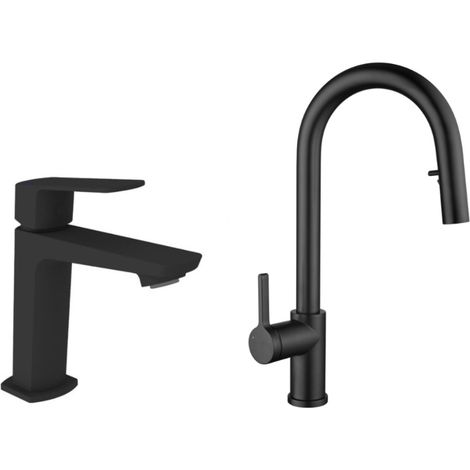 Set miscelatore lavabo + miscelatore cucina Ceramia Timeless in acciaio inox con doccetta estraibile, nero opaco