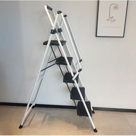 Escabeau pliant 5 marches en acier ABS, blanc et noir OKMYHOME (1/5)