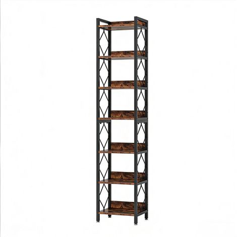 Étagère fine autoportante 7 niveaux avec design contre la chute, 34 x 34 x 200 cm, couleur marron rustique (1/5)