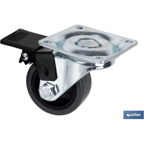 Rueda de goma gris con placa giratoria y freno de 40 mm en Pack de 4 unidades COFAN Ø60x22mm Placa 60x60mm Tal. 6.5mm Alto 79mm 40kg (1/4)