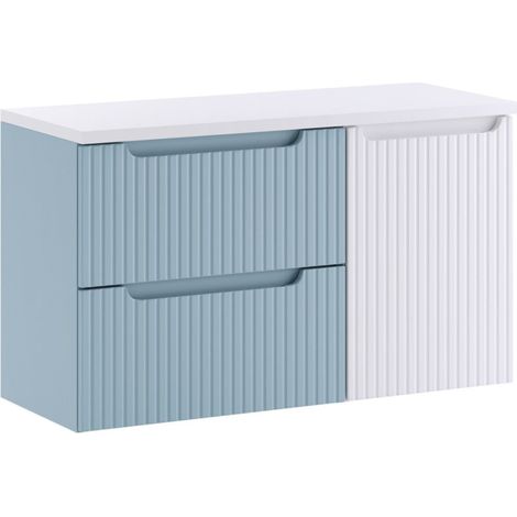 Conjunto VANO azul denim y blanco 100cm: muebles bajo lavabo con cajones y cesto para la ropa integrado + encimera para lavabo