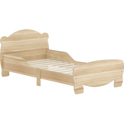 Lit enfant 70x140 cm bois naturel barrières sécurité motif ours 3-6 ans, lit évolutif enfant bois
