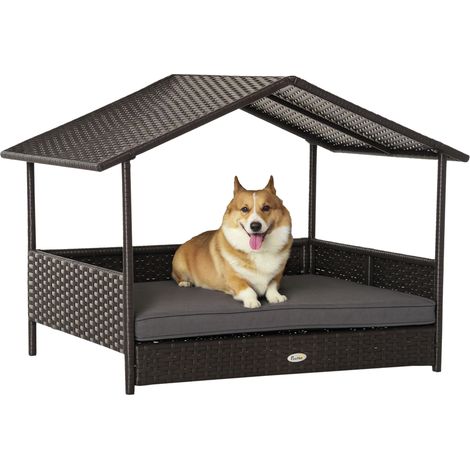 PawHut Wicker Dog Bed, Elevated Rattan Dog House with Removable Cushion and Canopy, for Small and Medium Dogs, 98 x 69 x 70cm - Grey