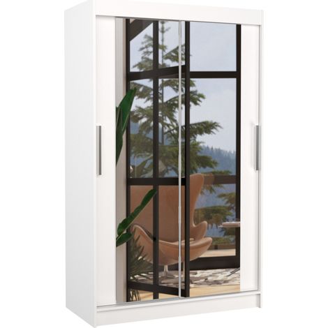 Petite armoire moderne de chambre à coucher blanche avec 2 portes coulissantes miroir Ibizo 120cm (1/5)
