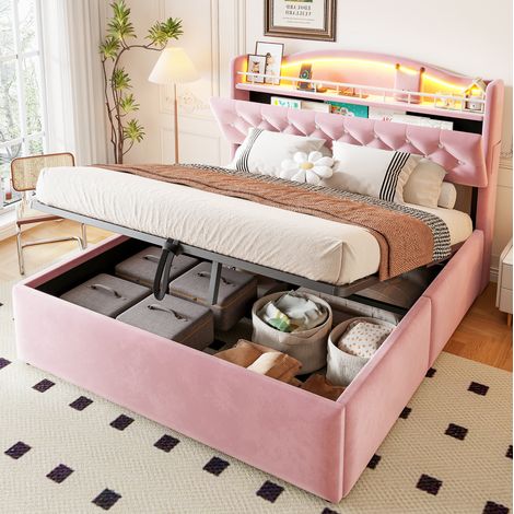 Etagenbett 140/200 cm in Rosa mit hydraulischem Stauraum, Samtbezug, LED und USB (1/5)