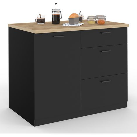 Idmarket – Casserolier de cuisine 110 cm – 3 tiroirs – Structure en panneaux de particules mélaminés – Plan de travail façon hêtre – Bois noir