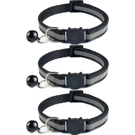 KOWOLL colliers pour chat réglables avec design réfléchissant (20-32 cm), boucle de sécurité à dégagement rapide et clochette (noir) (1/2)