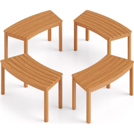 Lot de 4 bancs courbes en bois d'acacia naturel sans dossier avec assise à lattes et renforts robustes pour terrasse