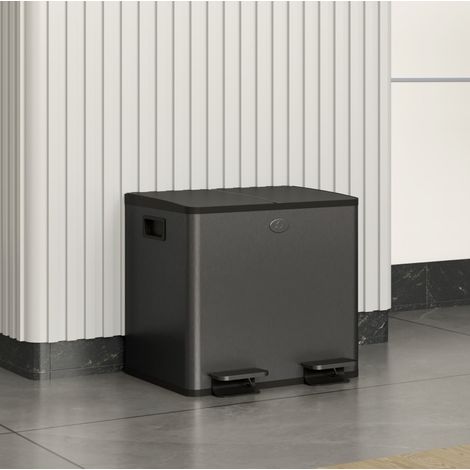 Poubelle double à pédale 2 x 15 L en acier inoxydable noir (1/5)