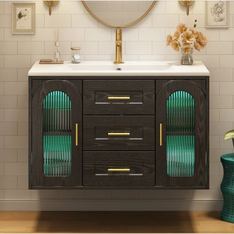 Mobile bagno con lavabo 76 cm, LED, 2 cassetti, ripiani regolabili nero OKMYHOME (1/5)