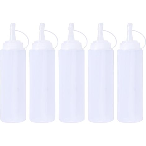Juego de 5 botellas dispensadoras de 200 ml, de plástico, resistentes al calor y a prueba de fugas, ideales para la cocina, barbacoas y acampadas. (1/5)