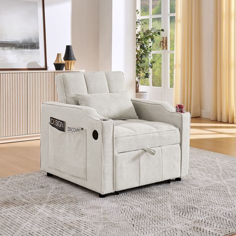 Canapé-lit 3-en-1 avec ports USB/Type-C, dossier ajustable sur 3 positions, 190 cm, porte-gobelet acier inoxydable, rangements latéraux. Parfait pour studio ou chambre d'amis. (1/4)