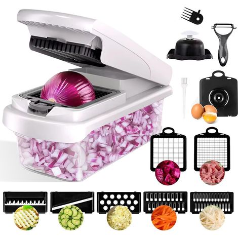 Coupe Legumes Multifonctions- Mandoline Cuisine- Decoupe Legumes 15-en-1 avec 7 Lames interchangeables- Mandoline Multifonctions - Coupe Legumes - Nouveau design Compact Blanc pour Oignons Concombre (1/5)