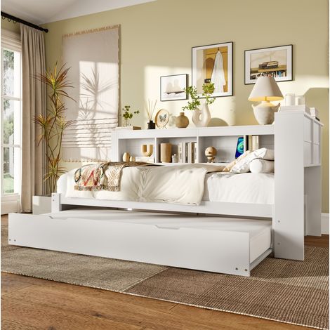 Letto bambini 90x200 cm con letto aggiuntivo 90x190 cm, presa elettrica, 2 porte USB e rete a doghe, senza materasso, bianco (1/5)