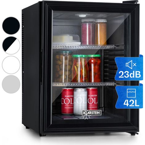 Klarstein Mini Fridge for Bedrooms, Food, Drinks, Beer & Skincare Fridge Cooler, Glass Door Drinks Fridge, 42L Table Top Fridge w/ Adjustable Shelves, Quiet & Small Fridge For Home, Office, & Camping (1/5)
