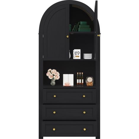 Armoire de rangement haute à arche avec tiroirs et portes, meuble de rangement haut sur pied à arche pour cuisine et salon, étagères noires avec espace d’exposition ouvert (1/5)