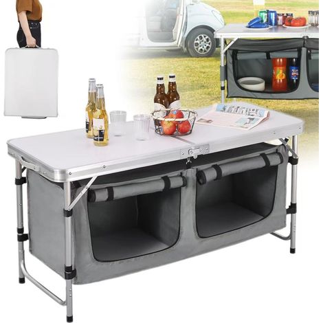 Table de camping pliante avec sac de rangement, hauteur réglable, style valise, idéale pour les barbecues et les pique-niques dans le jardin. (1/5)