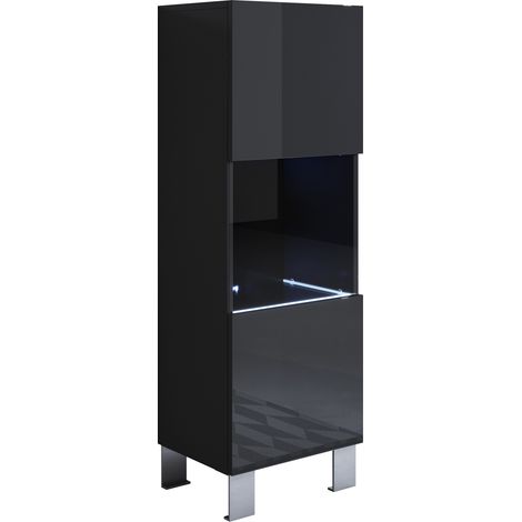 Vitrina con Patas 12cm  Armario  Mueble de Salón  Vitrina de pared  LED  1 puerta  40x138x29cm  Modelo Luke V3  Negro brillo