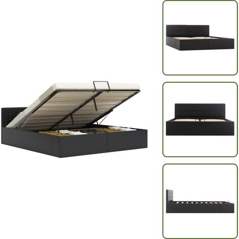 The Living Store Cama canapé hidráulica cuero sintético negro 160x200 cm - Cama con almacenamiento