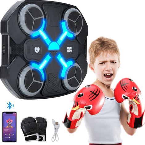 Machine de Boxe Musicale avec Gants de Boxe pour Enfants, Music Boxing Machine Intelligente, Machine Boxe Fixée au Mur avec Bluetooth et Lumière LED, Chargement USB-C