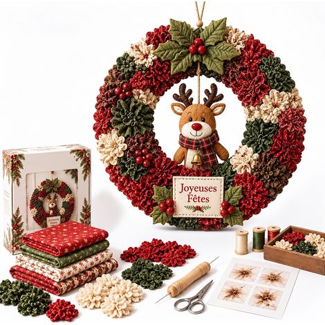 Kit Couronne de Noël DIY en Tissu Motif Couronne Élan 50 cm Suspension Festive Décorative 500 g – Livraison gratuite