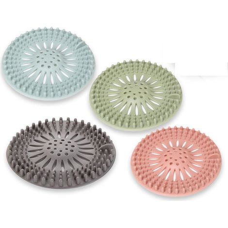 Juego de 4 filtros de desagüe, de silicona flexible, anticabello, para bañera, cocina y ducha. (1/5)