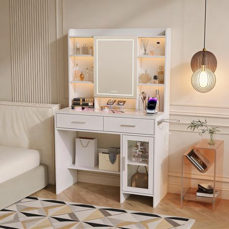 FOERPL-Schminktisch mit LED-Beleuchtung, beleuchteter Schminktisch mit Spiegel und Steckdose Schminktisch mit 2 Schubladen, Ablagen und Föhnhalter Schlafzimmer-Schminktisch