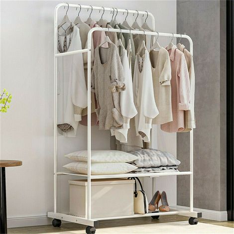 Large Clothes Double Rail Rack Garment Hanging Organizer Coat Storage Shelf 1.5M, White