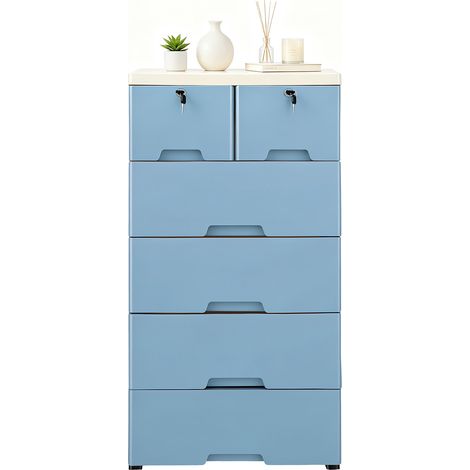 Commode de rangement à 6 tiroirs, 2 tiroirs verrouillables - Armoire en plastique avec 4 roulettes - Tour de rangement mobile pour chambre et salon, 50 x 35 x 102 cm (1/5)