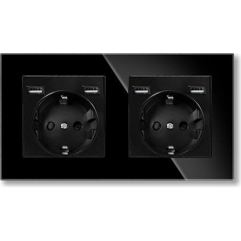 Prise double avec 4 ports USB (2 type A, max. total 2,1 A), prise double en verre trempé, prise Schuko, encastrée, noire.