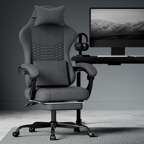 Sedia gaming 50x64x124 cm in tessuto nero, regolabile da ufficio, con poggiapiedi FloraGrace (1/5)