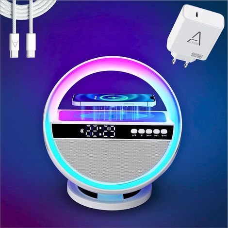 Lámpara de escritorio LED RGB inteligente 6 en 1 (forma de O grande), altavoz Bluetooth, radio FM, despertador, cargador inalámbrico Qi de 15 W, luz nocturna RGB regulable, para adultos. (1/4)