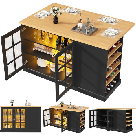 Table de bar pliante multifonction avec îlot de cuisine, éclairage LED intelligent multicolore, casier à vin incliné et tiroir de rangement, gain de place pour petits appartements, alimentation USB (1/5)