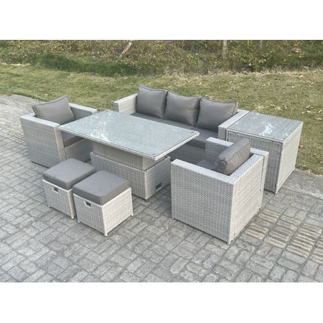 Fimous Rattan Gartenmöbel Set mit Sofa, Höhe verstellbar Esstisch und 2 Hocker,Sessel,Beistelltisch,Outdoor Terrassen Essgruppe 7-teilige Sitzgruppe Helles Grau (1/5)