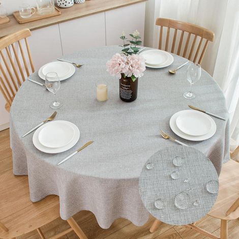 Runde Tischdecke Leinenoptik 160cm Hellgrau Wasserabweisend Pflegeleicht