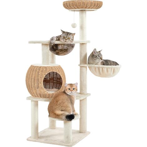 Arbre à Chat en Rotin Tour pour Chat en Peluche avec Cachette Ronde Perchoir Paniers Griffoir en Sisal Jouet Design Moderne 137,5 cm de Haut Beige (1/5)