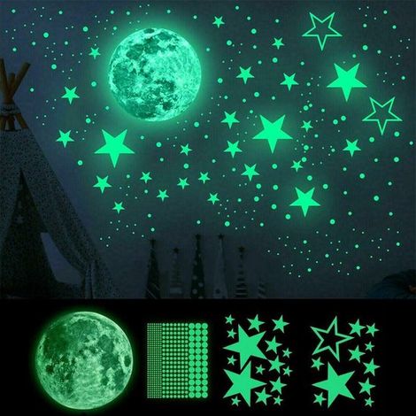 Set di 435 adesivi luminosi per pareti e soffitti. Si illuminano al buio. Luna, stelle, cielo stellato. Decorazione ideale per camerette e camere da letto. (1/5)