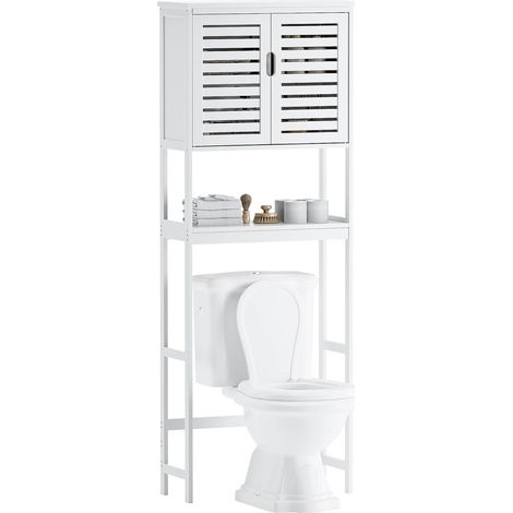 Meuble de Rangement au-Dessus des Toilettes, Organisateur en Bambou à 2 Portes, Support de Salle de Bain économiseur d'espace avec étagère intérieure réglable et étagère Ouverte (Blanc) (1/5)