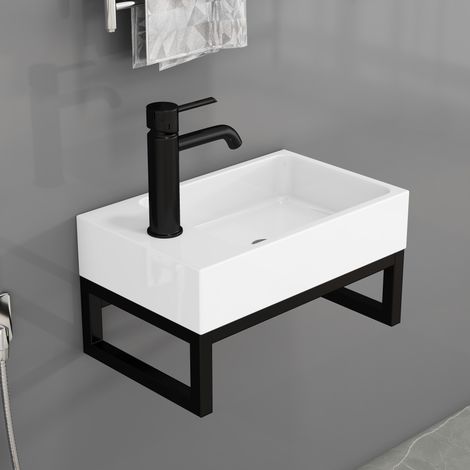 Mini lavabo suspendu carré en céramique blanche mate avec cadre métallique, prémonté (1/5)